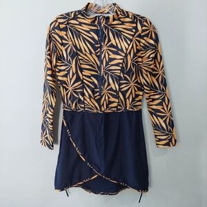 Rashguard Swimsuit Top attached skirt Medium blue gold leaf pattern long sleeve